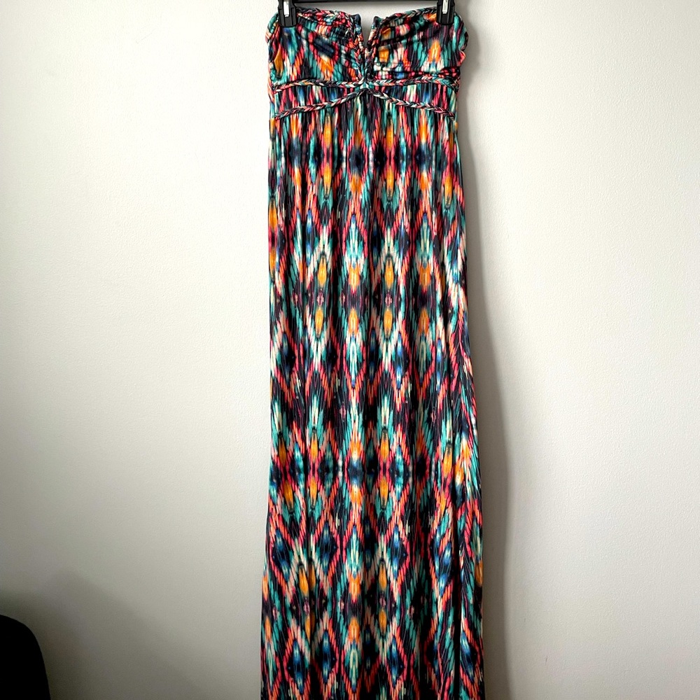 YDE Multi Coloured Abstract Strapless Maxi Dress with Braided Detail Size Medium